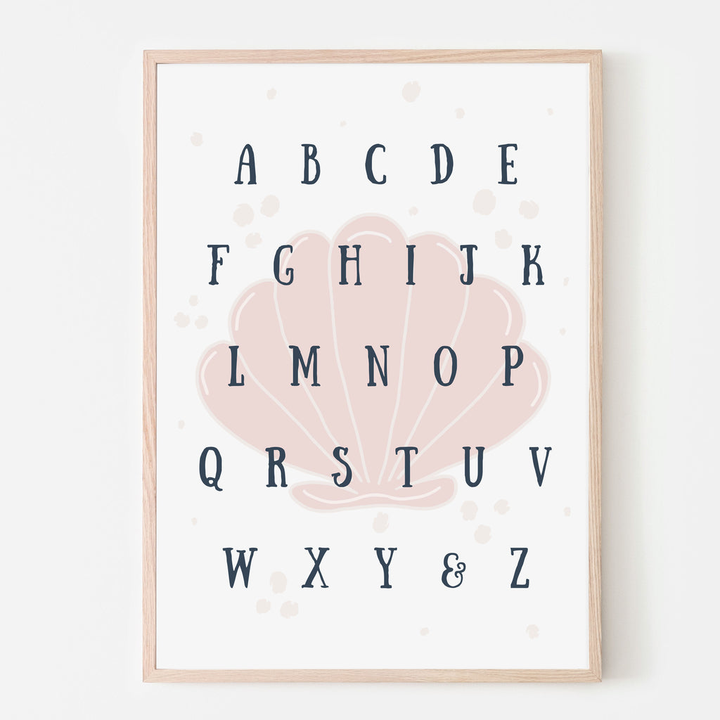 Alphabet art print with A muted pink seashell background for an under the sea or mermaid theme nursery room or bedroom, or playroom