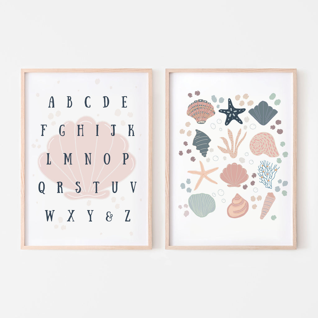 Set of 2 art prints. Seashell alphabet poster with one pink seashell and bubbles and multiple seashells and starfish and coral with bubbles for baby girl nursery room, bedroom or playroom