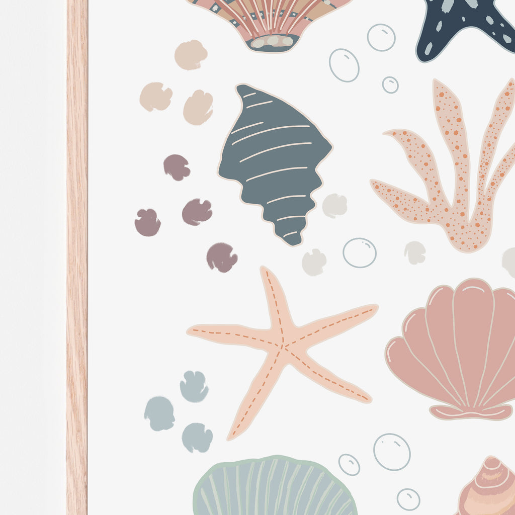 art print of seashells, coral, starfish and bubbles