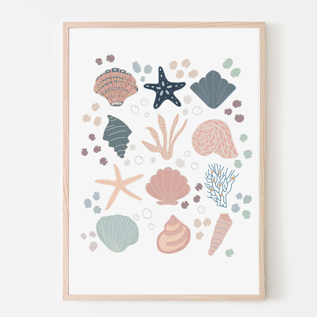 art print of seashells, coral, starfish and bubbles