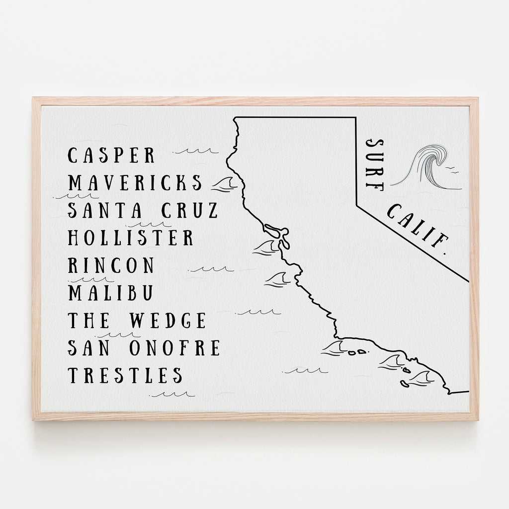 Map of California with popular surf spots; casper, mavericks, santa cruz, hollister, rincon, malibu, the wedge, san onofre and trestles; surf baby; little surfer, baby boy nursery, baby girl nursery, kids bedroom, playroom, gender neutral