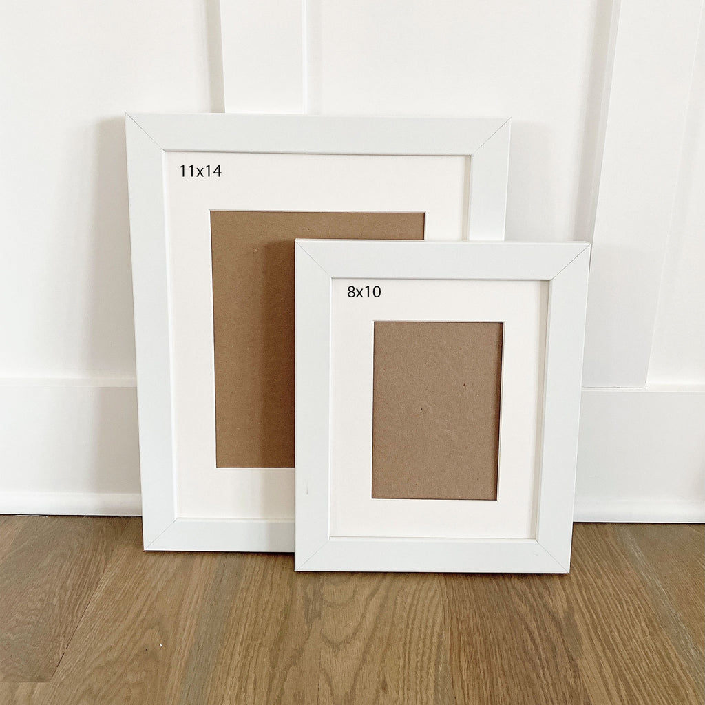 A straight cut wood frame with real glass and hanging hardware that compliments all our art prints. Tiny Human Print Co art prints white frame