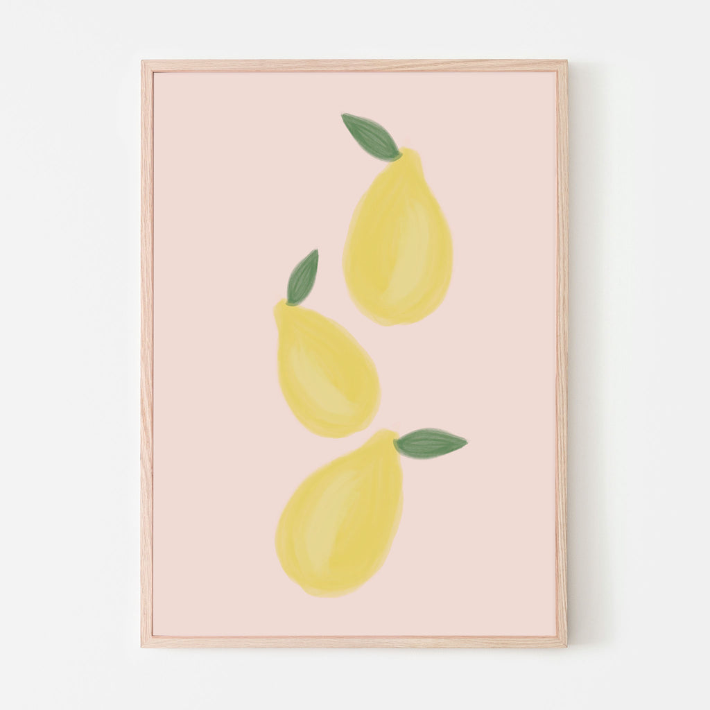 Three whole citrus lemons with green leaves and a soft pink background. Art print for baby girl nursery room, bedroom or playroom