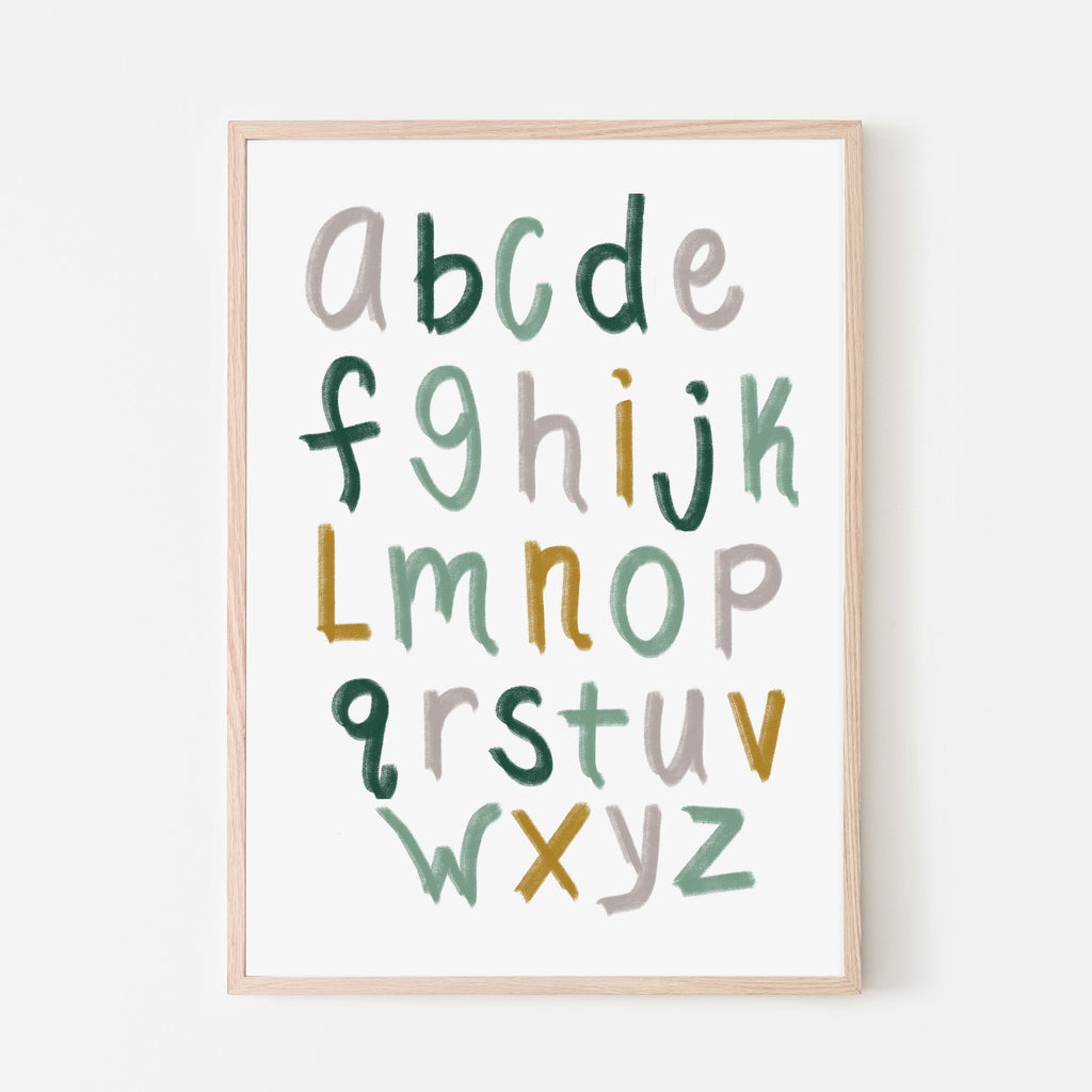 Woodland toned alphabet letters in grey, greens and mustard yellows with white background. gift idea, nursery print, gift for new mom