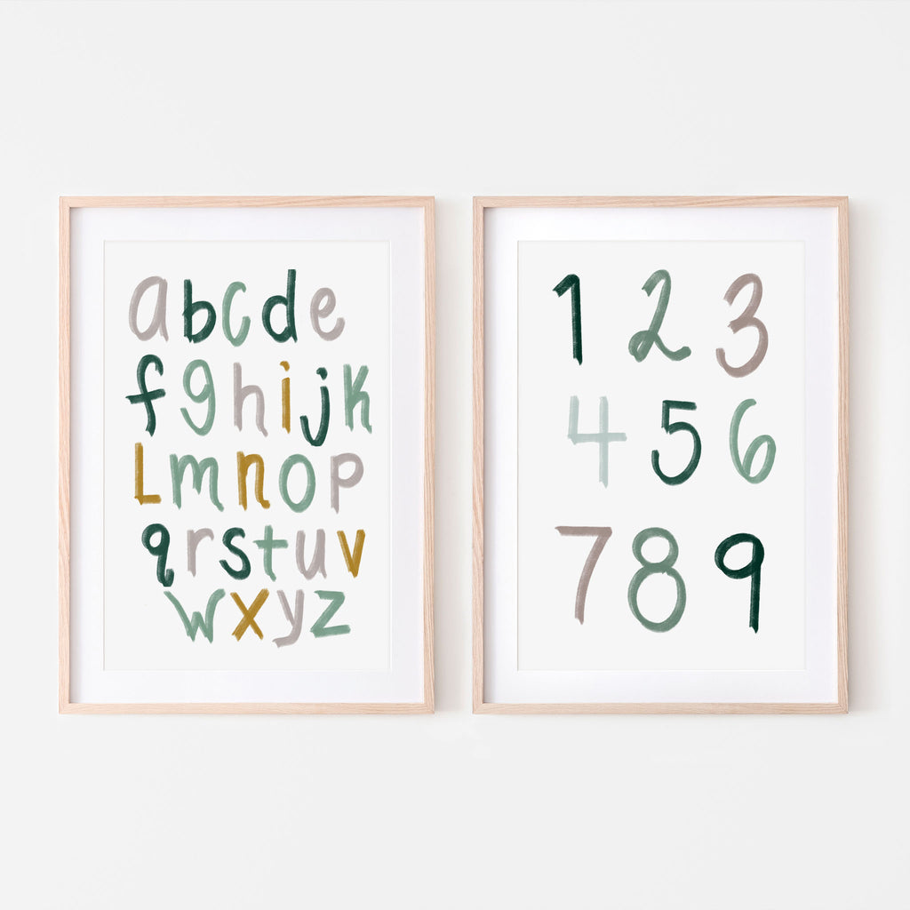Woodland toned alphabet letters in grey, greens and mustard yellows with white background set of two images with greys and greens tone numbers 1-9 with white background. gift idea, nursery print, gift for new mom